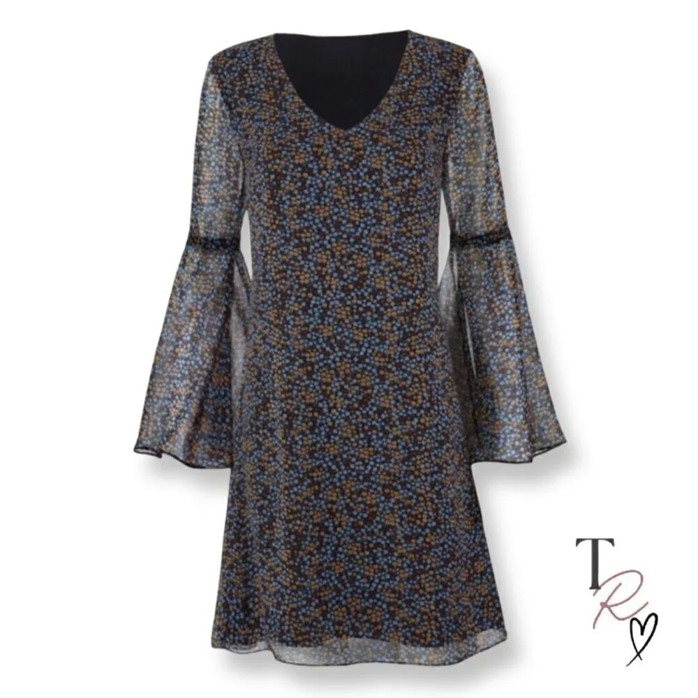 CAbi Poise Floral Semi-Sheer Floral Bell Sleeve Chiffon Fall Dress Size XS